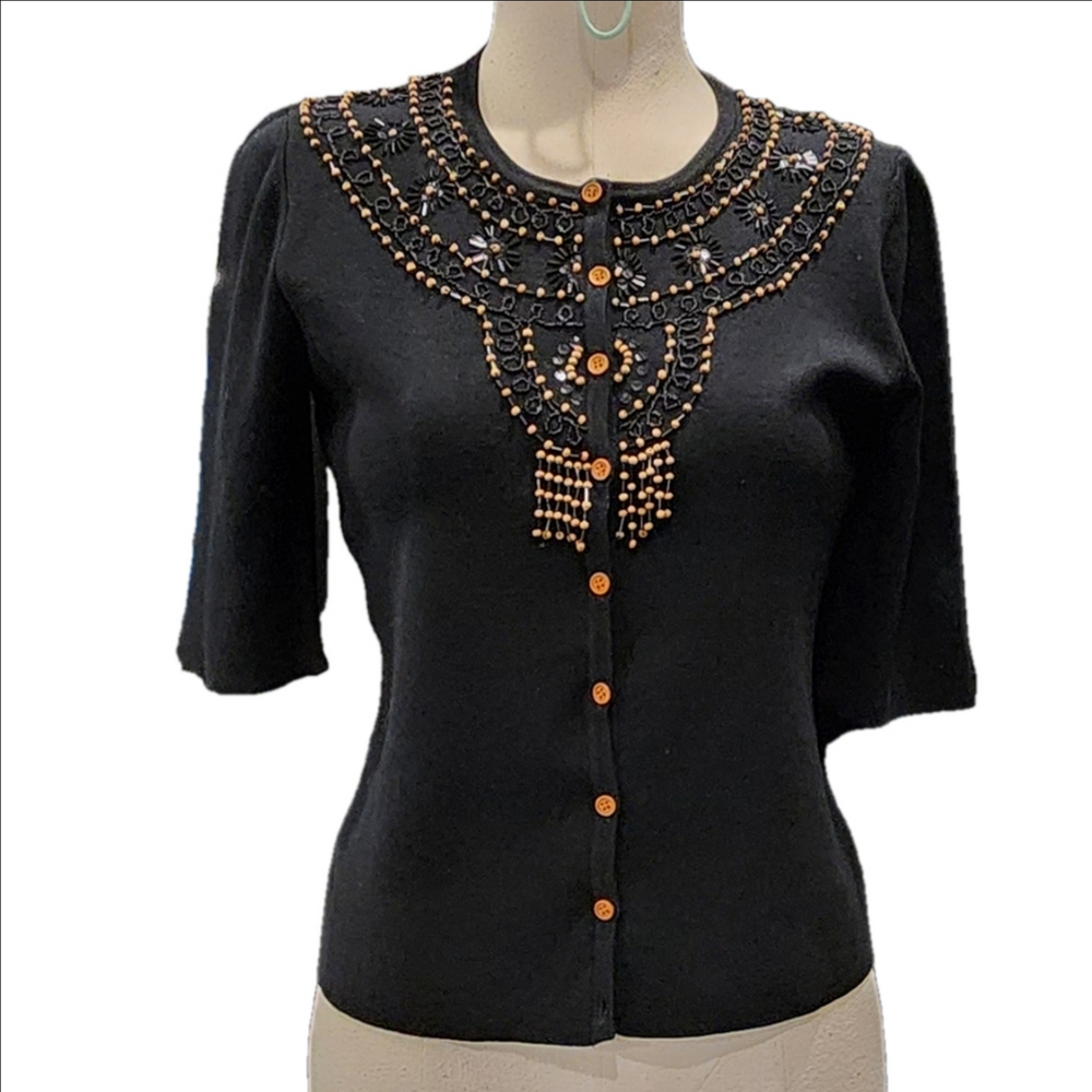 WD.NY Black Beaded Button-Up knit Cardigan